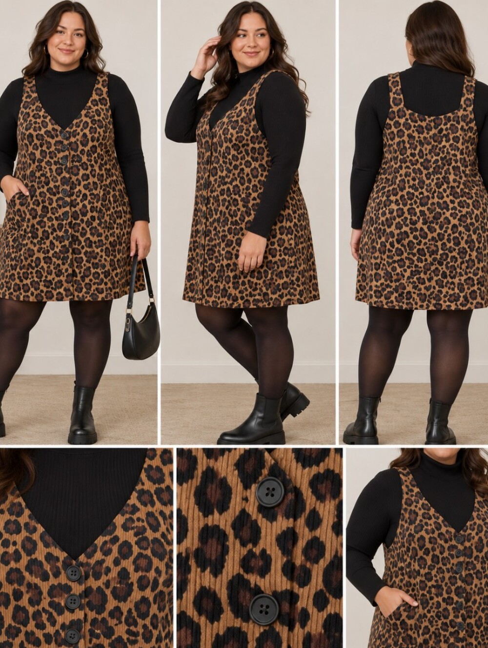 SHEIN Curve 3XL Leopard Print Pinafore V Neck Button Dress